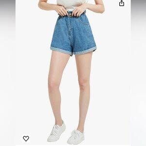 Plaid & Plain Elastic Waist High Rise Denim Jean Retro Rolled Shorts Medium